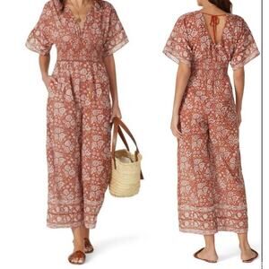 Cleobella Jess Red Floral Print Short Sleeve Jumpsuit size Medium HOLE ON SLEEVE